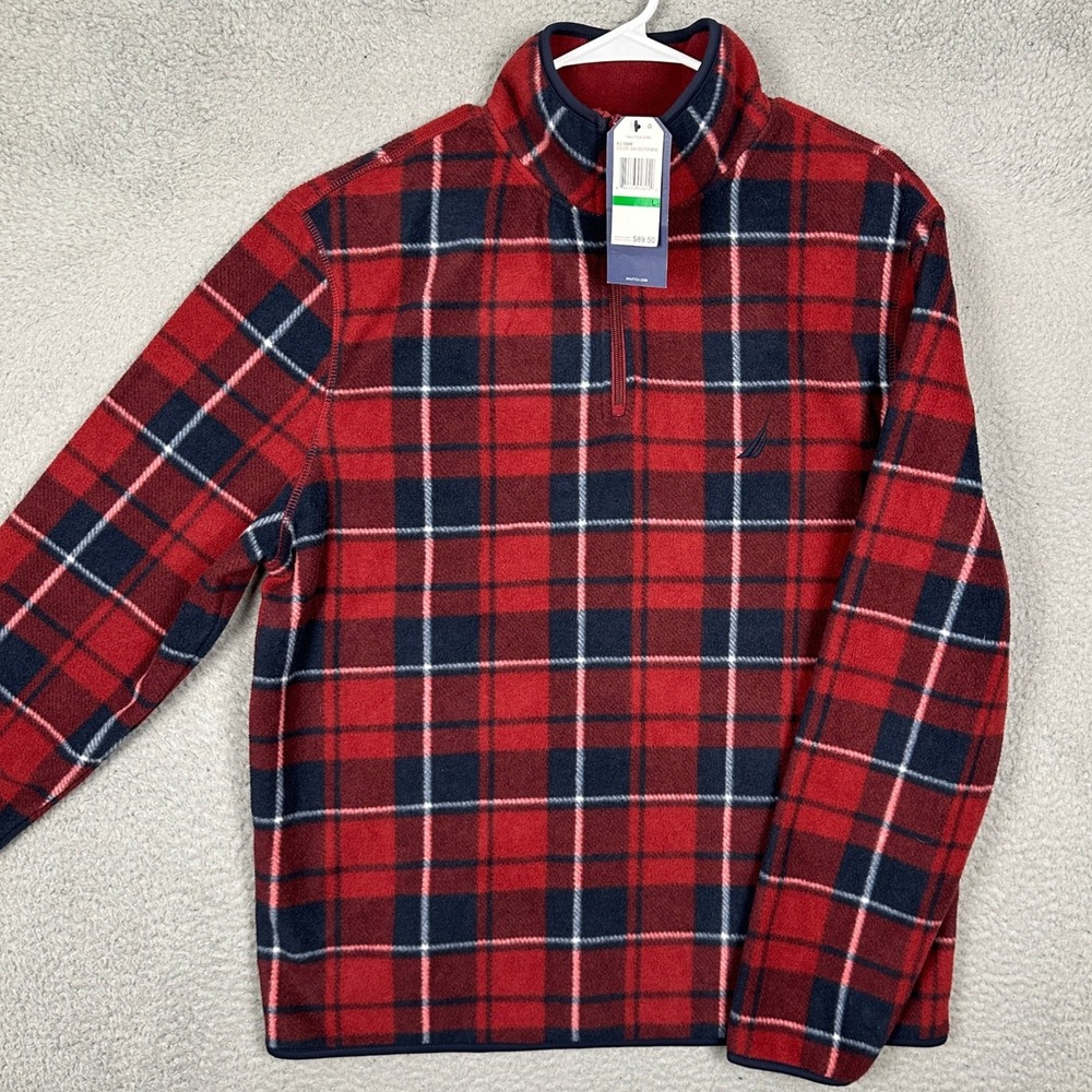 NEW Nautica Sweater Mens Large Quarter-Zip Red Navy Plaid Fleece Pullover Logo